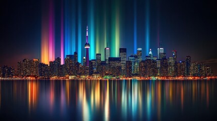 Fototapeta premium Colorful skyline with glowing light beams against a dark backdrop