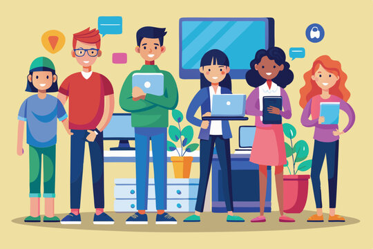 A diverse group of men and girls collaborates using laptops and tablets in a lively office environment, Men and girls next to computers and laptops,