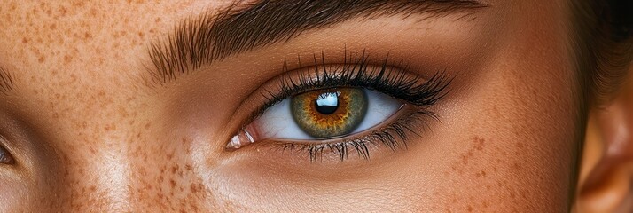 Naklejka premium Close Up of Freckled Eye with Brown Eyebrow - A detailed close-up of a woman's eye, showcasing freckles, a defined eyebrow, and long eyelashes