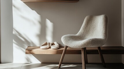 A white chair with a fluffy blanket on it sits on a wooden bench.
