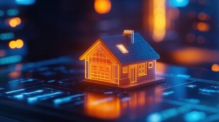 A conceptual real estate technology scene with a glowing 3D miniature house placed on a high-tech dashboard displaying market insights and demand forecasts