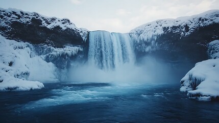 Flowing waterfall in rainforest with scenic tropical background