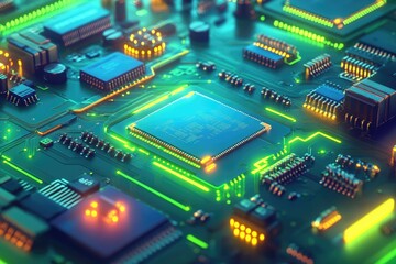 Obraz premium Close-up of a circuit board showcasing a central processing unit and various integrated circuits.