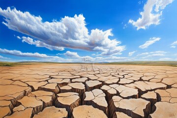 Fototapeta premium Cracked Earth Under a Blue Sky - A stark of cracked earth symbolizing drought, desertification, climate change, aridity, and environmental fragility