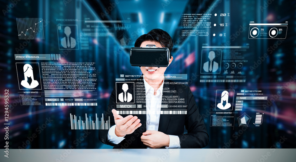 Poster businessman with goggles working while using security protection. manager with formal suit checking 