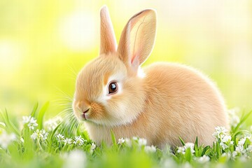 Fototapeta premium Cute fluffy rabbit sitting in green grass surrounded by small white flowers during a sunny day in springtime