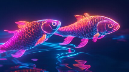 Two Glowing Neon Fish Swimming in Dark Water