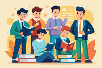 A group of men gathers to collaborate and share ideas while studying different materials together, men are looking for and working the rules