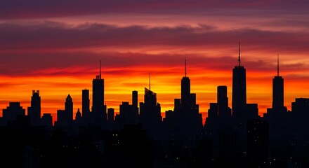 Cityscape Silhouette at Fiery Sunset with Vibrant Red and Orange Sky