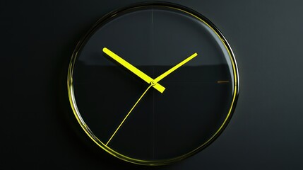 A contemporary wall clock with a transparent acrylic face and neon yellow hands