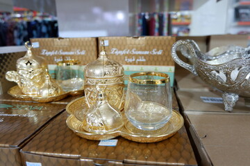 Turkish Coffee Cup Set at Souvenir Shop.Selective focus.