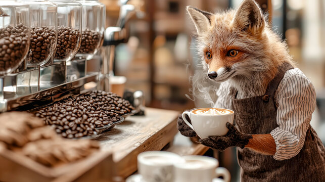 Anthropomorphic Fox Barista Holding Latte Art in Cozy Caf&eacute;