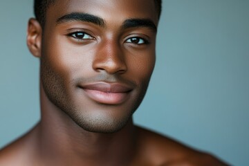 Obraz premium Close-up portrait of a handsome young Black man with a subtle smile, showcasing his clear and healthy skin.