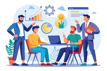 A group of men engages in a collaborative meeting, analyzing charts and discussing strategies in a bright office, men set business strategy
