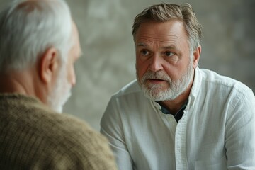 Two elderly men engage in a serious conversation, showing concern and empathy.