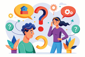 Obraz premium Two individuals engage in deep contemplation, exploring various unanswered questions and ideas, Mental impasse, unanswered questions,