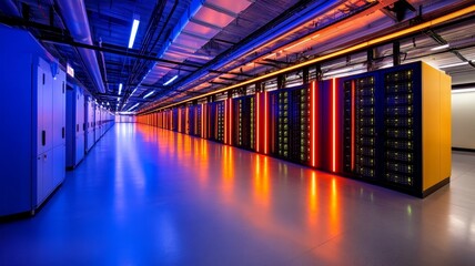 Fototapeta premium Modern Data Center Server Room - Sleek, brightly lit server room with rows of powerful servers, showcasing advanced technology and data processing capabilities
