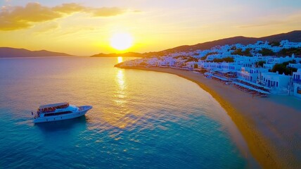 Mykonos Sunset Cruise Ornos Beach Aerial View - Luxury yacht cruise at sunset, Ornos Beach Mykonos Greece. Symbolizing: relaxation, travel, adventure, luxury, escape