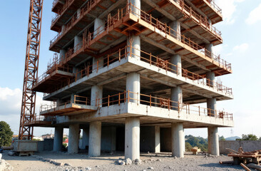 Under construction high-rise building framework with industrial cranes and metal scaffolding