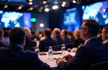 Business conference with diverse adults observing presentations in modern venue
