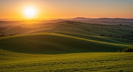 Fototapeta premium Vibrant Green Hills in Golden Hour Light Sunlight for Nature Websites, Environmental Conservation, Rural Tourism, Agricultural Business Marketing, Travel Blogs, Countryside Vacation Promotions