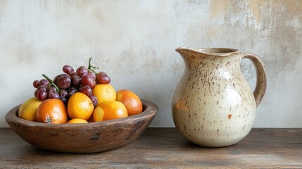 A rustic wooden bowl filled with fresh fruit sits next to a speckled ceramic pitcher on a wooden shelf.