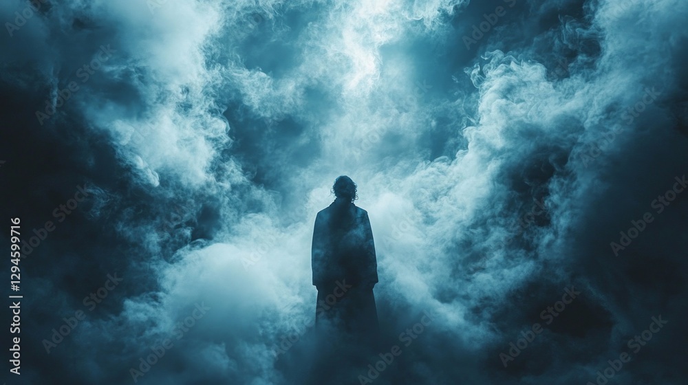 Poster A shadowy figure stands amidst thick clouds, illuminated by an ethereal light. The atmosphere is both haunting and captivating, creating a sense of intrigue and wonder