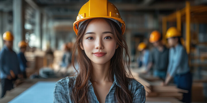 Mature asian female engineer leading construction workshop. large whiteboard with handwritten project schedule. bright sunny room, attendees around boardroom table.