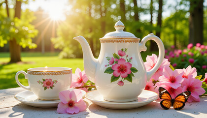Fototapeta premium Delicate tea set adorned with blossoms in sunlit garden, spring celebration