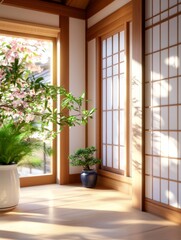 Fototapeta premium Serene Japanese Room Sunlight - Sunlight streams into a peaceful Japanese- room, illuminating plants and wooden shoji screens. Tranquil and minimalist