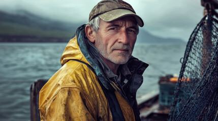 Obraz premium Portrait of a middle-aged fisherman with a weathered face, wearing a waterproof jacket and cap, standing on a dock with fishing nets and the ocean behind him