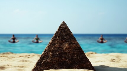meditation retreat, a serene meditation scene with a stone pyramid in the front, yoga practitioners on the sandy shore, and a gentle ocean breeze