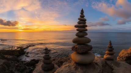 coastal sunset with stone pyramids, multiple stone pyramids balanced on a rocky shoreline by the vibrant ocean stretching into the horizon under a colorful sky at sunset