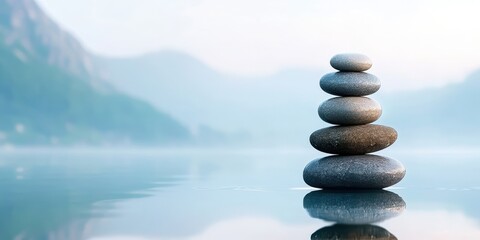 zen garden illustration, tranquil spa-like setting featuring a balanced stone tower on reflective water, misty mountains in the background, and clean text space