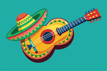 A vibrant Mexican guitar rests beside a traditional sombrero, showcasing cultural artistry and color, Mexican guitar cartoon