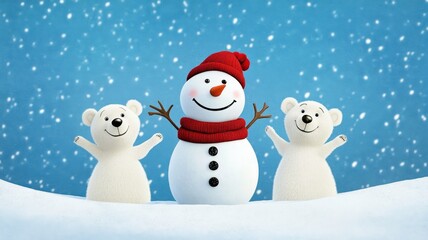 Snowman and Polar Bears in Winter Wonderland - A cheerful snowman with two adorable polar bear friends enjoys a snowy winter day. Festive and heartwarming winter scene