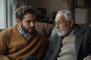 A young man listens attentively to his elderly father, sharing a moment of quiet intimacy and connection.