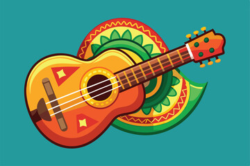 A cartoon representation of a Mexican guitar showcases bright colors and intricate designs, celebrating music, Mexican guitar music instrument cartoon
