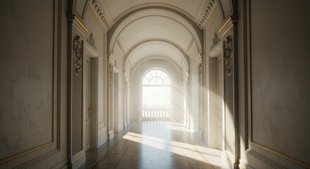 Fototapeta premium Elegant Hallway Interior with Arches, Sunlight and Decorative Gold Trim