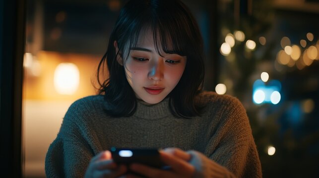 A woman uses a smartphone to communicate conveniently using voice messages. The technology allows for easy communication with digital assistants or distant friends 
