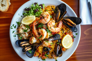 Vibrant paella with saffron rice, shrimp, mussels, and chicken, garnished with lemon wedges and red...