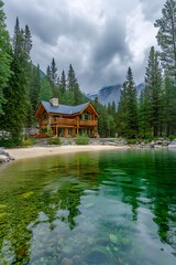 Fototapeta premium Stunning Log Cabin Lakeside Mountain View