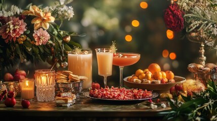 Fototapeta premium A table filled with traditional festive foods and drinks, beautifully arranged with candles, flowers, and sparkling decorations, soft-focus background, high-quality food photography