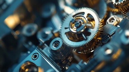 Closeup Detailed Image of Intricate Metal Gears Precise Mechanism Engineering Technology Industrial Background Mechanical Parts Polished Steel        