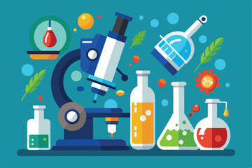 A colorful setup displays a microscope alongside various glassware containing chemical solutions typical of lab tests, microscope, medical tests, chemical laboratory concept, vector illustration.