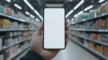 Shopping with a smartphone: A hand holds a blank screen phone in a grocery store aisle, ready to assist with price checks or online shopping.