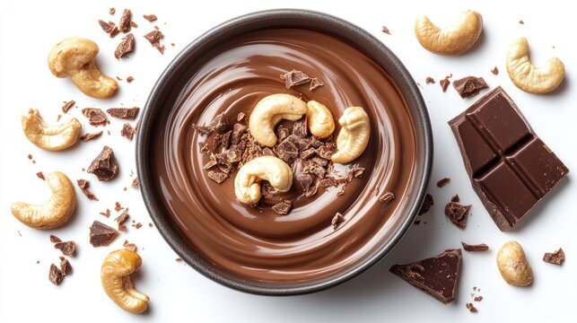 Chocolate cashew spread in bowl, topping with chopped nuts and chocolate, white background