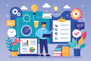 A professional engages with digital tools while planning business project milestones and strategies, Milestones of business projects Customizable Flat Illustration