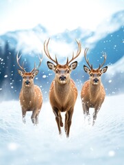 Three Deers Running in Snowy Landscape - Three majestic deer gracefully running through a snowy winter landscape, mountains in the background