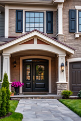 Fototapeta premium Elegant Home Exterior: Brick Facade, Grand Entrance, and Landscaped Walkway